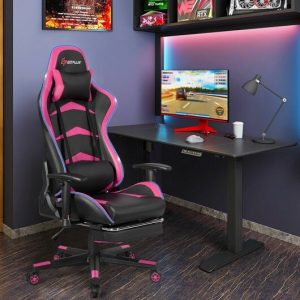 Pink Gaming Massage Chair with LED : Lumbar Support & Footrest