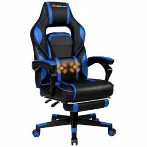 Massage Gaming Chair with Footrest and Lumbar Support - Color: Blue - Size: 26.5" x 26.5" x (49"-52.5")