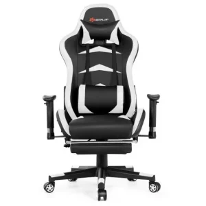 Massage Gaming Chair with Footrest-White – Color: White