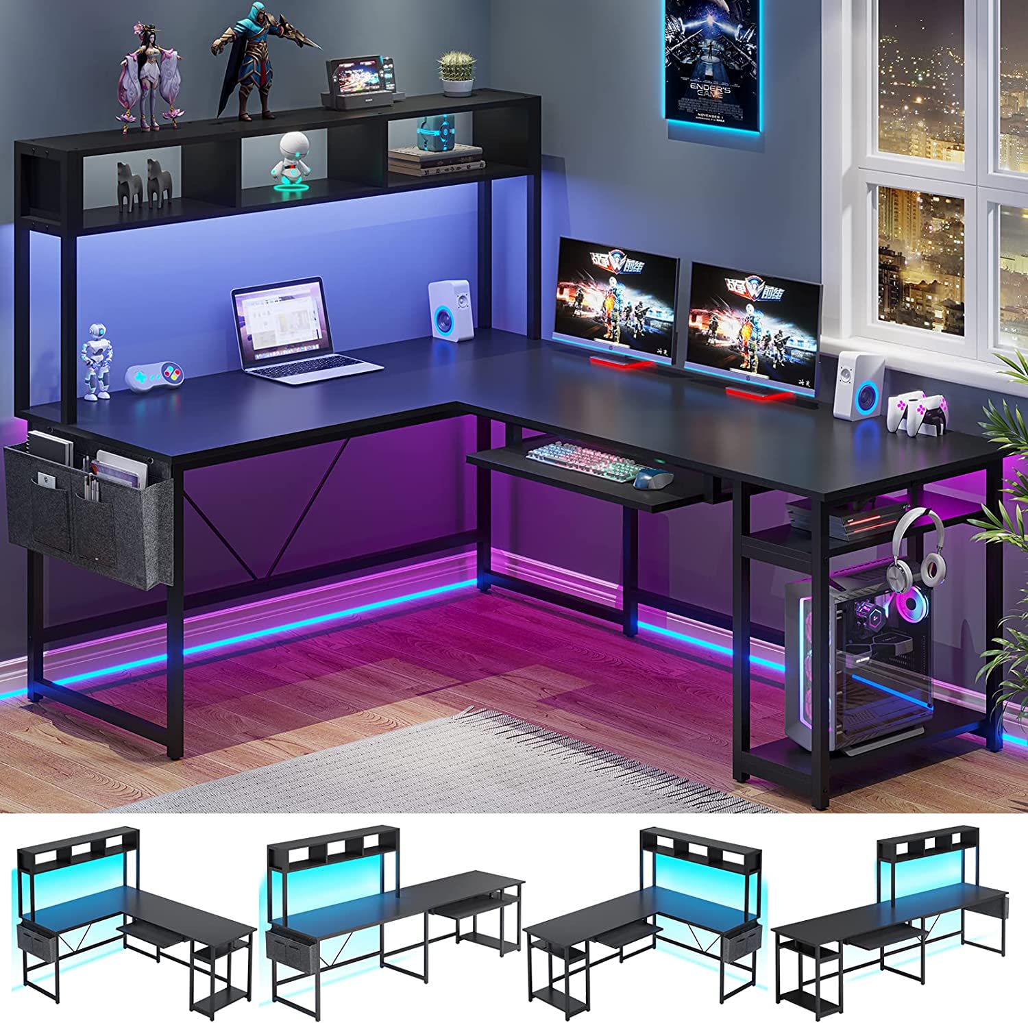 SEDETA L Shaped Gaming Desk, Reversible 94.5” Computer Desk, Gaming Desk with Led Lights, Keyboard Tray and Storage Bag for Home Office